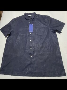 Caribbean For Dillards NWT 100% Linen Navy Short Sleeve Button Down Size XL